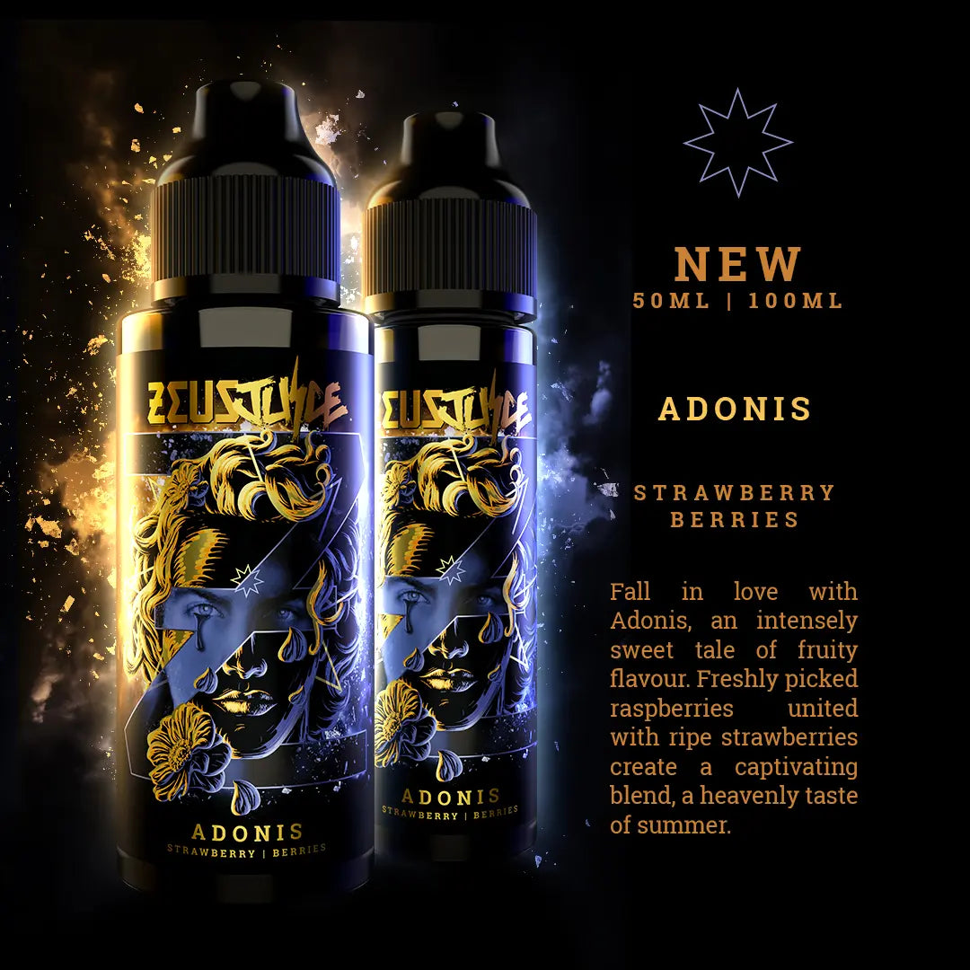 Two vape juice bottles with 'Zeus Juice Adonis' branding on a dark background.