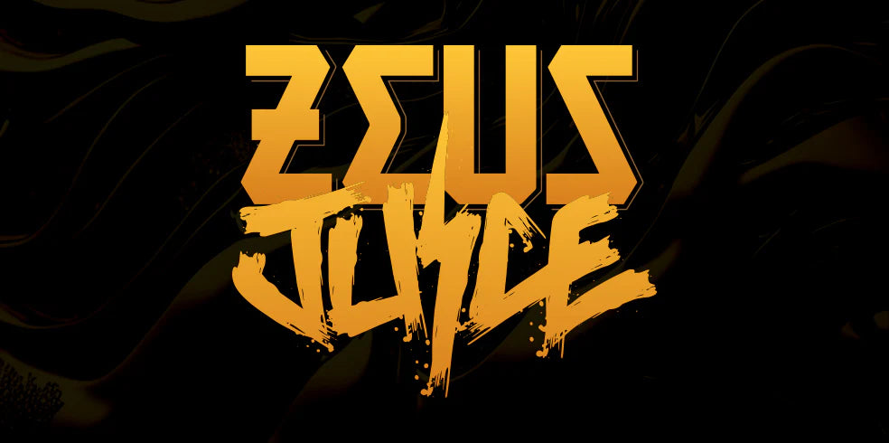 Gold 'Zeus Juice text on a black background