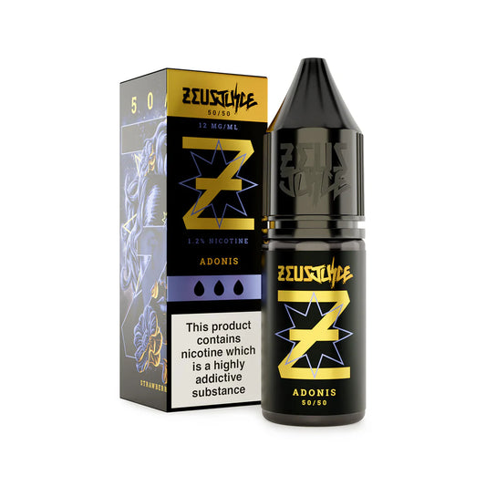 Zeus Juice Adonis Freebase e-liquid bottle and packaging on a white background