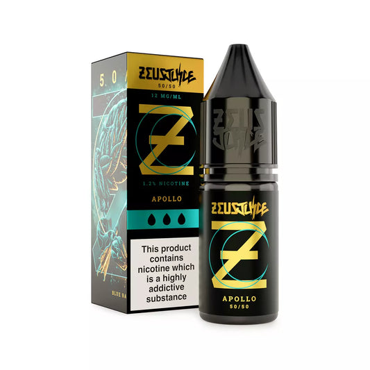 Zeus Juice Apollo Freebase e-liquid bottle and packaging on a white background.