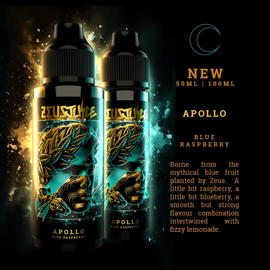 Two Zeus Juice Apollo vape juice bottles with promotional text on a dark background