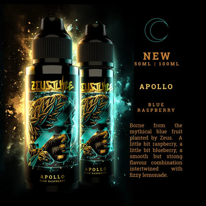 Two Zeus Juice Apollo vape juice bottles with promotional text on a dark background