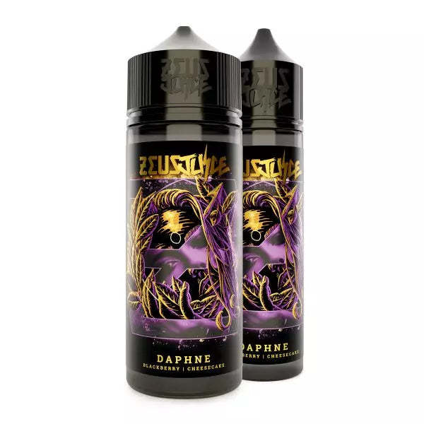 Two Zeus Juice Daphne 7030 e-liquid bottles with black and purple design on a white background