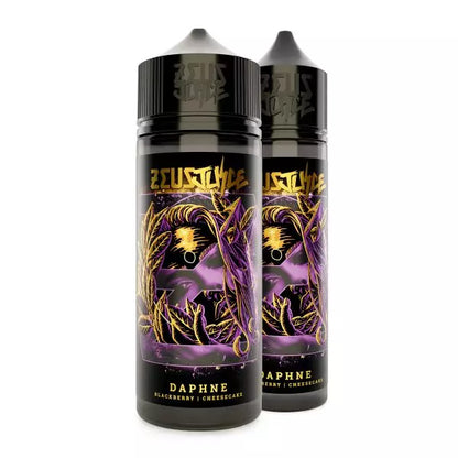Two Zeus Juice Daphne 7030 e-liquid bottles with black and purple design on a white background