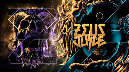 Artistic depiction of a figure with 'Zeus Juice' text, featuring gold and blue colours on a dark background.