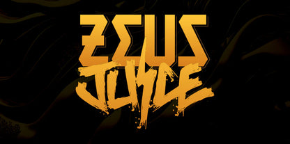 Gold 'Zeus Juice' text on a black background