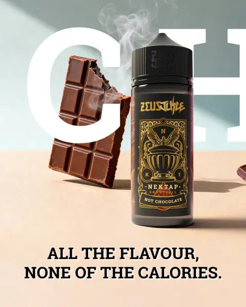 Vape device with chocolate bar and 'ZEUSJUICE' branding on a light background