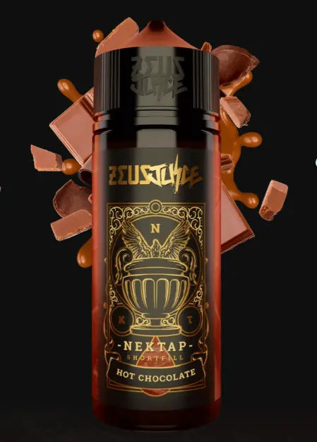 Bottle of Zeus Juice Nektap E-Liquid with chocolate elements on a black background