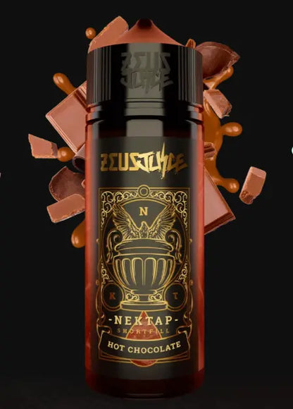 Bottle of Zeus Juice Nektap E-Liquid with chocolate elements on a black background