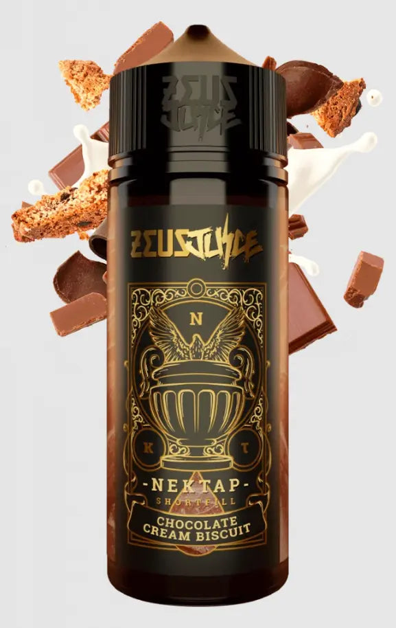 Zeusjuice chocolate cream biscuit vape juice bottle with decorative elements on a light grey background