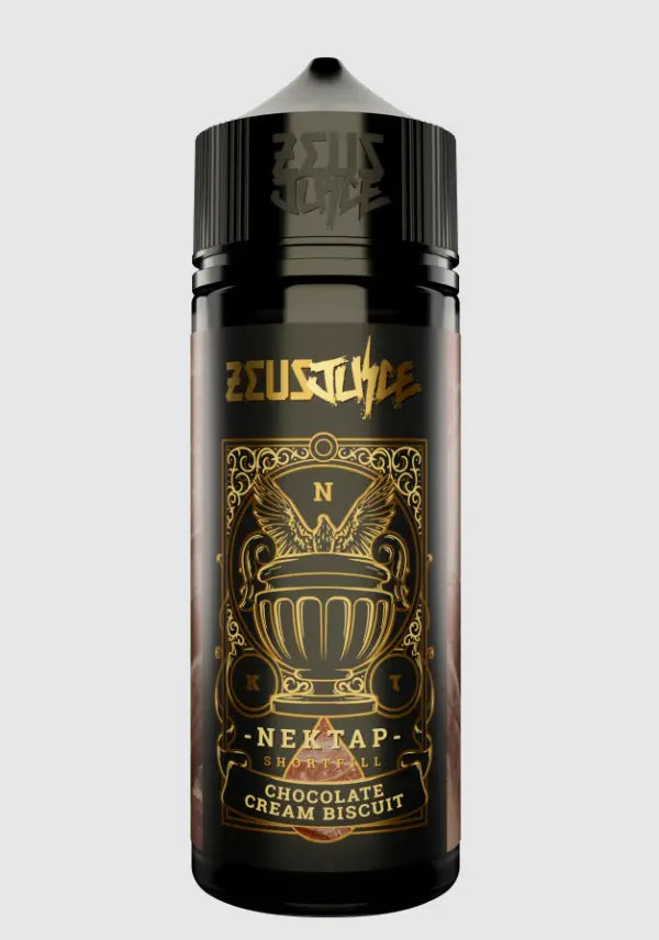 Zeusjuice Nektap chocolate cream biscuit vape juice bottle on a light grey background