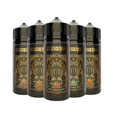 Five Zeusjuice vape juice bottles on a white background
