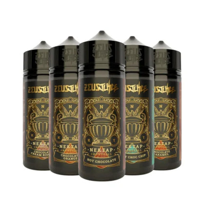 Five Zeusjuice vape juice bottles on a white background