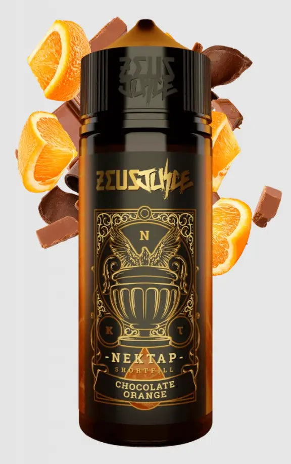 Bottle of Nektap Chocolate Orange flavour with orange slices and chocolate pieces on a light grey background