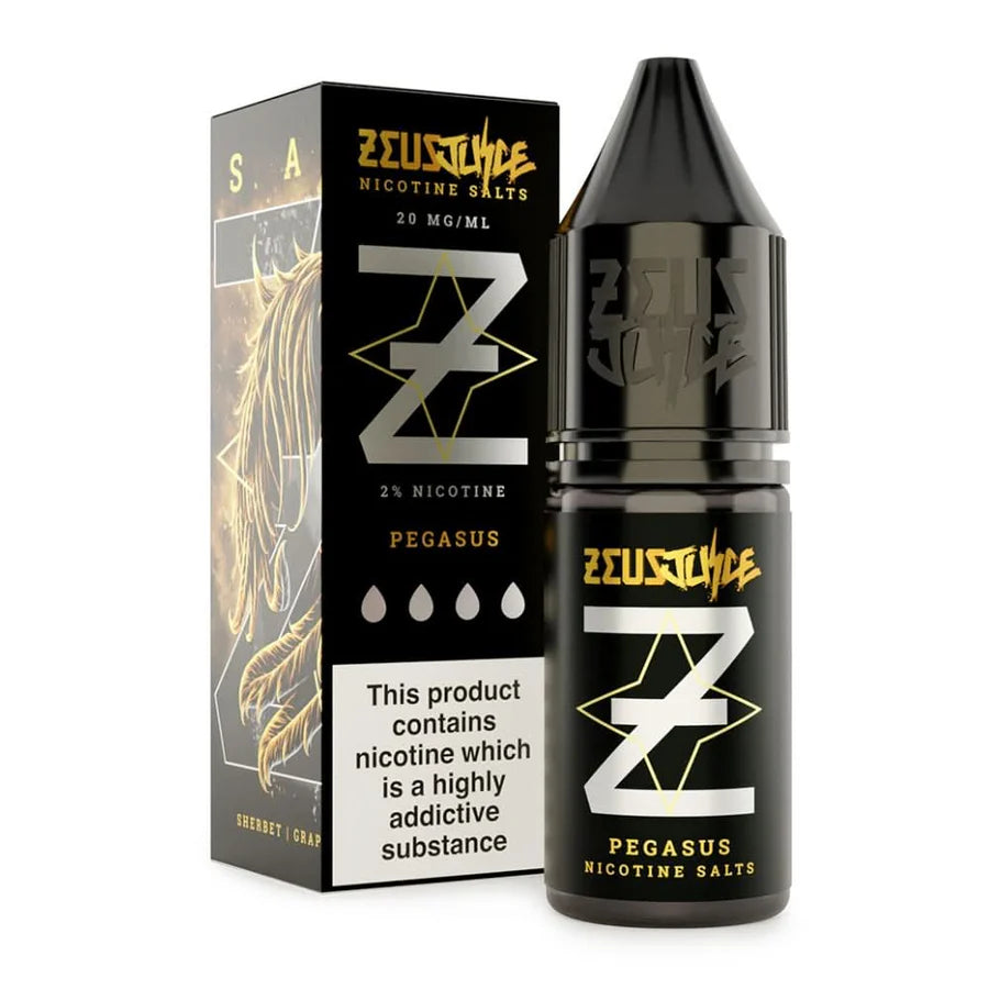 Zeus Juice Pegasus Nic Salt packaging with black bottle and gold accents on a white background