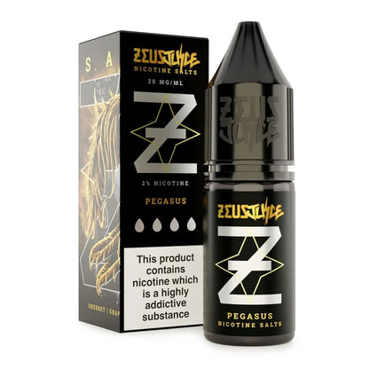 Zeus Juice Pegasus Nic Salt packaging with black bottle and gold accents on a white background