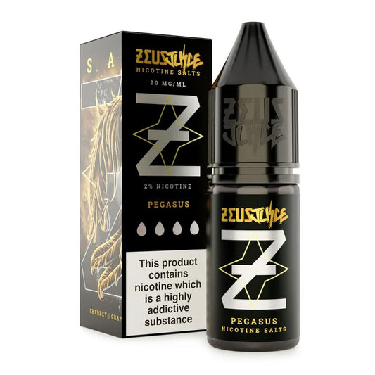 Zeus Juice Pegasus Nic Salt packaging with black bottle and gold accents on a white background