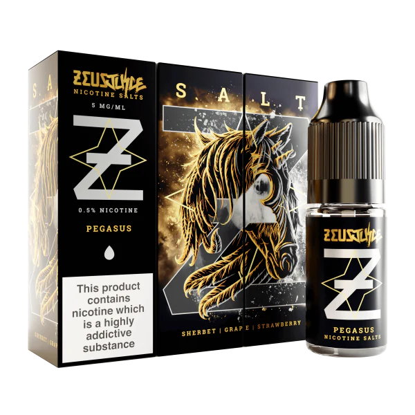 Zeus Juice Pegasus nicotine salt packaging and bottle on a white background