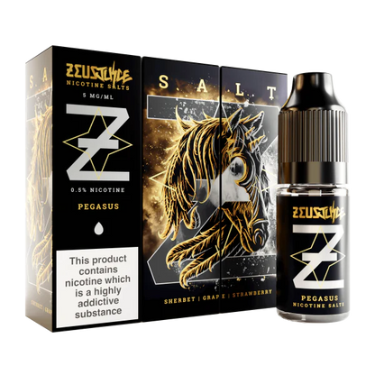 Zeus Juice Pegasus nicotine salt packaging and bottle on a white background