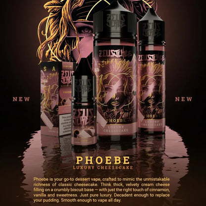 Zeus Juice Phoebe range of e-liquids with 'Phoebe Luxury Cheesecake' branding on a dark background