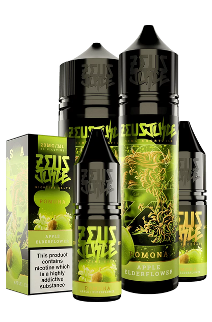 Zeus Juice Apple Elderflower vape juice packaging with green and black design.