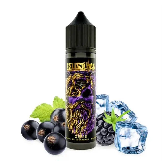 Vape juice bottle with blackberries and ice cubes on a white background