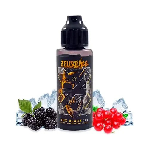 Zeus Juice The Black Ice 70:30 e-liquid bottle with blackberries, red berries, and ice cubes on a white background