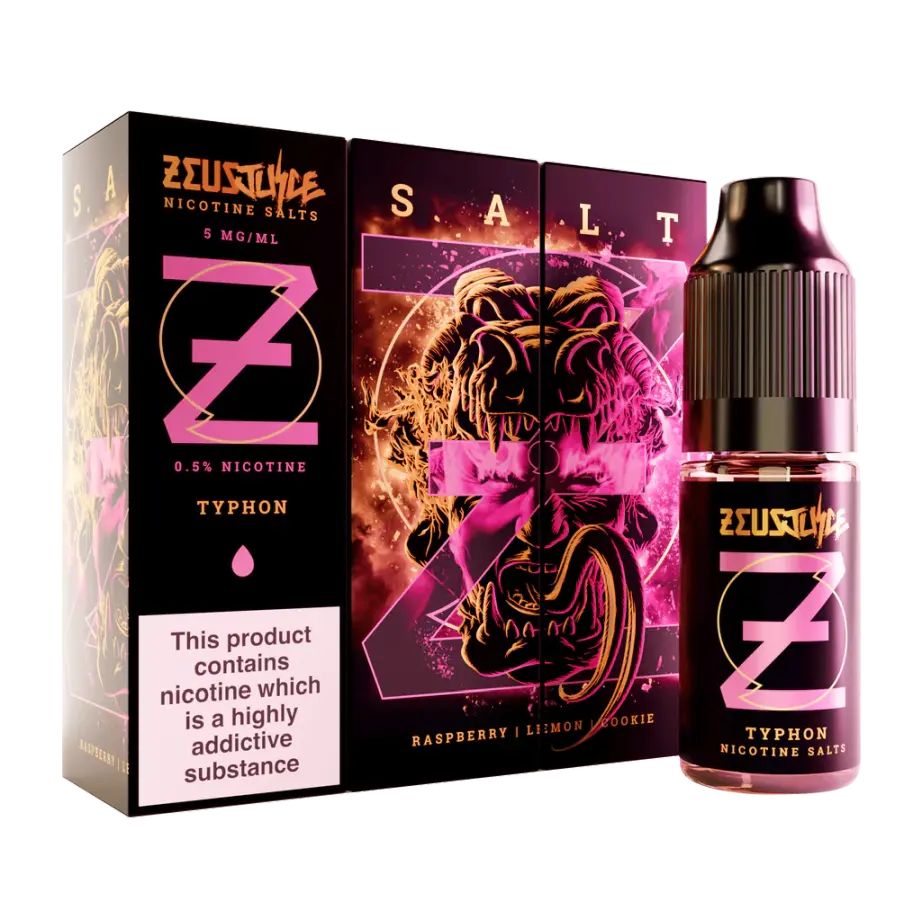 Zeus vape juice packaging with pink and black design on a white background