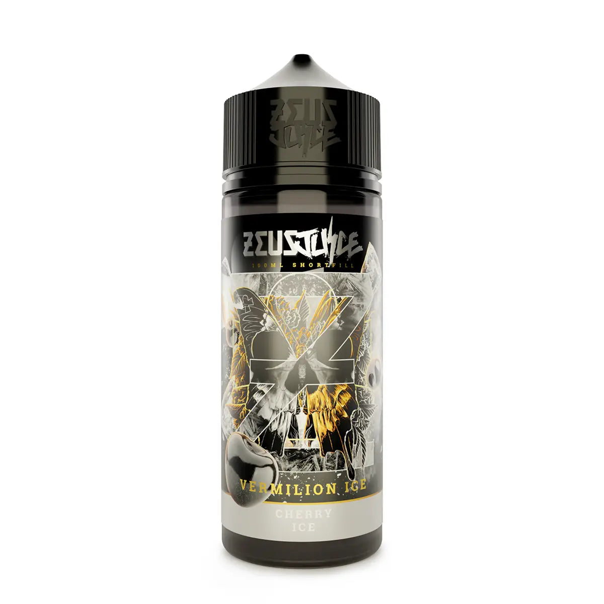 Zeus Juice Vermilion Ice 70:30 e-liquid bottle with black cap and graphic label on a white background