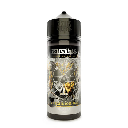 Zeus Juice Vermilion Ice 70:30 e-liquid bottle with black cap and graphic label on a white background