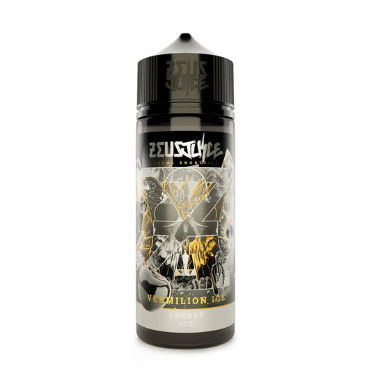 Zeus Juice Vermilion Ice 70:30 e-liquid bottle with black cap and graphic label on a white background