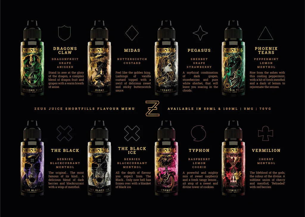 Zulu Juice short-fills flavour menu with various vape juice bottles on a black background