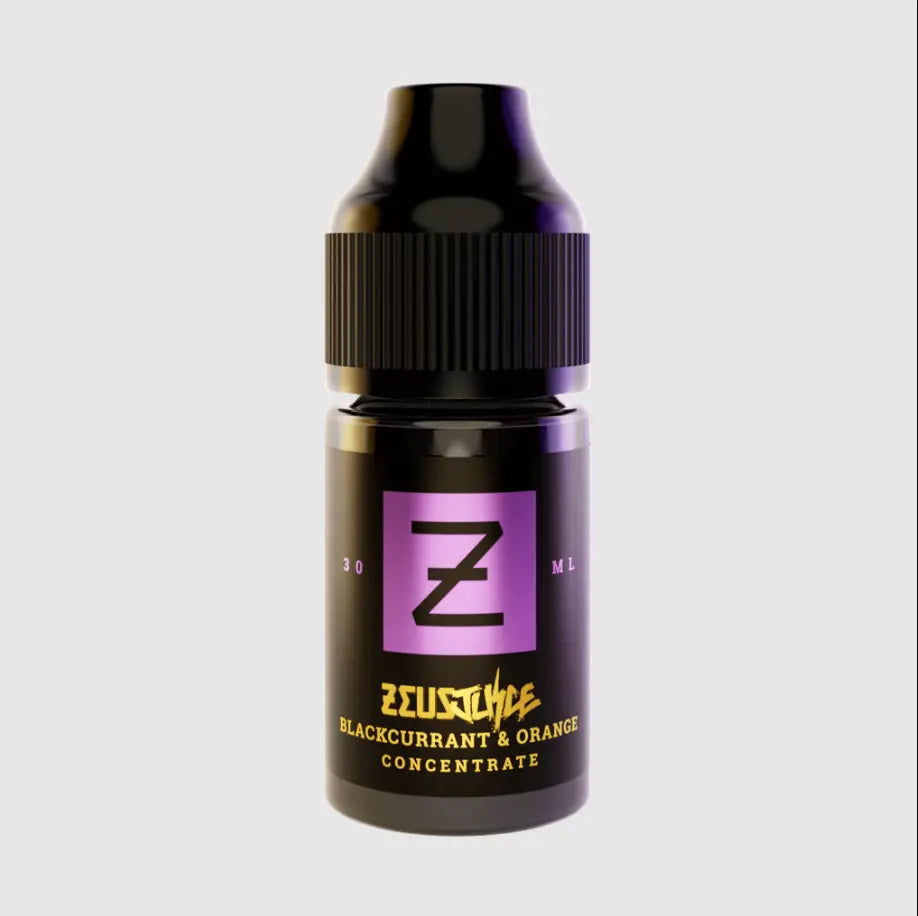 Zeus vape juice bottle with purple label on a light gray background