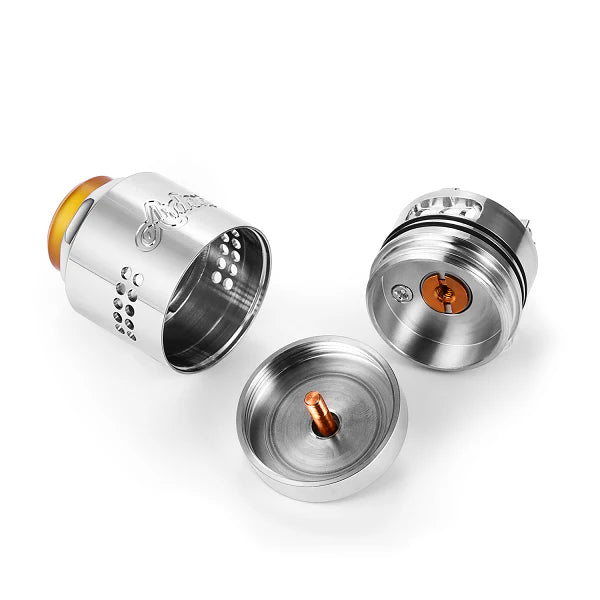 A stainless steel vape coil assembly shown in three disassembled parts on a clean white background, featuring a silver body with a small orange accent.