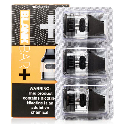 Asmodus Blank Bar Plus Replacement Pods in clear plastic blister packaging next to their black and orange retail box, labelled 'BLANK BAR+'.