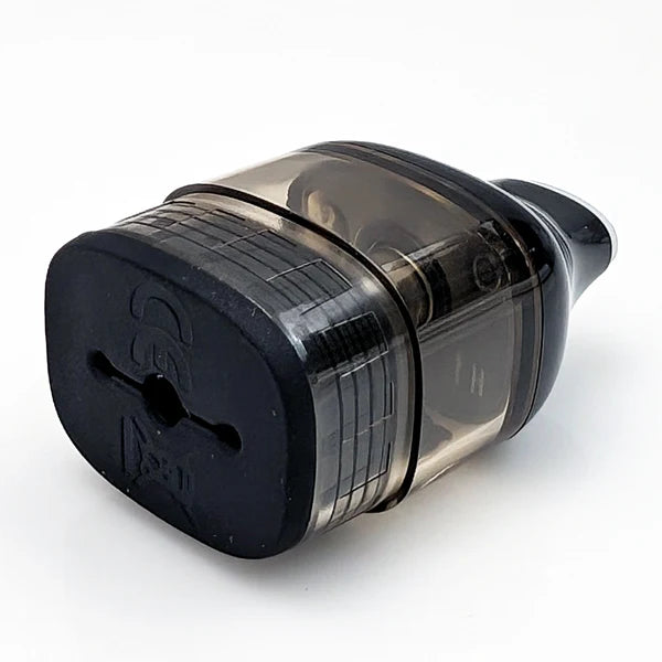 A translucent dark gray and black vape tank with a black mouthpiece, shown on a clean white background.