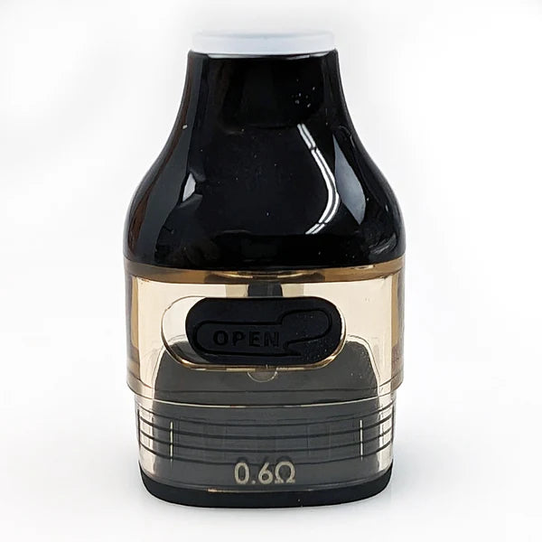 A black and clear vape device with a metallic gold accent band, featuring an 'OPEN' button on the front and '0.6Ω' printed near the base, set against a plain white background.