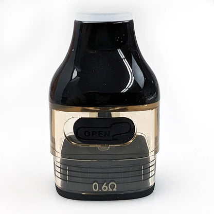A black and clear vape device with a metallic gold accent band, featuring an 'OPEN' button on the front and '0.6Ω' printed near the base, set against a plain white background.