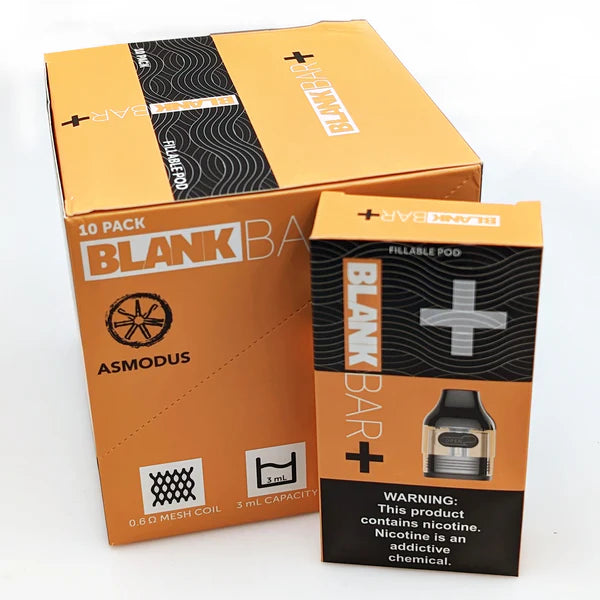 A 10-pack box and an individual pack of Asmodus Blank Bar Plus Replacement Pods on a clean white background.