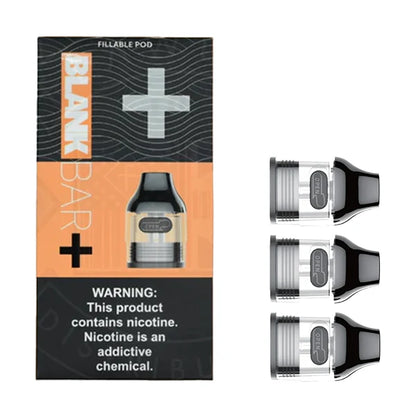 A pack of three Asmodus Blank Bar Plus Replacement Pods next to their retail packaging. The packaging is black and orange with a warning label and the brand name 'BLANK BAR'.