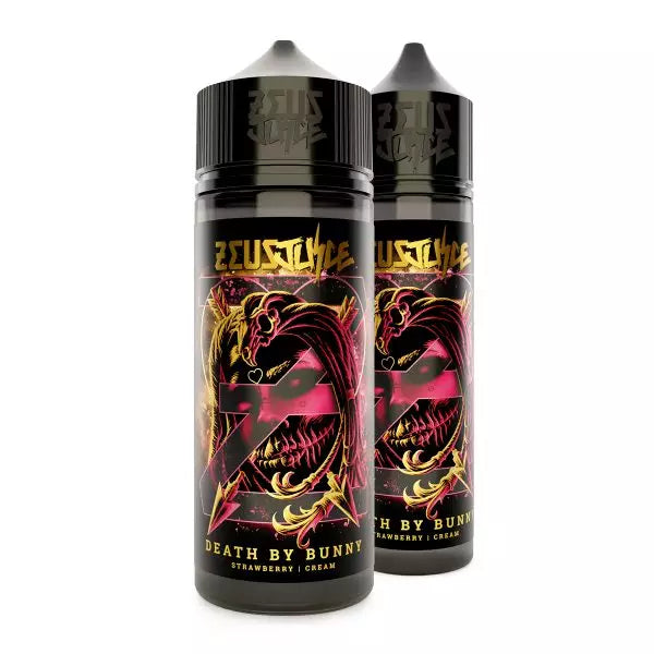 Two Zeus Juice 'Death by Bunny' vape juice bottles on a white background