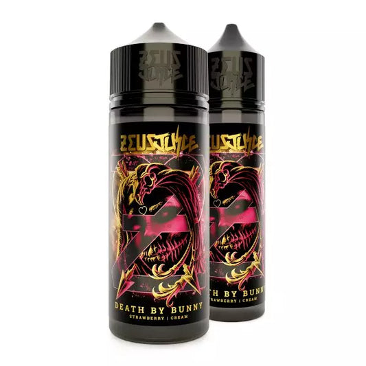 Two Zeus Juice 'Death by Bunny' vape juice bottles on a white background
