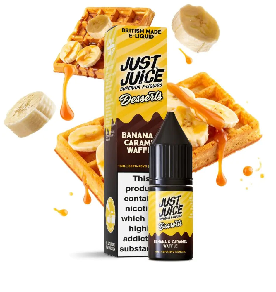 Just Juice Banana Caramel Waffle e-liquid packaging with waffles and bananas on a white background