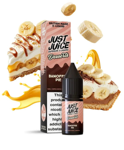 Just Juice Desserts Banoffee Pie e-liquid bottle with packaging and dessert imagery on a white background