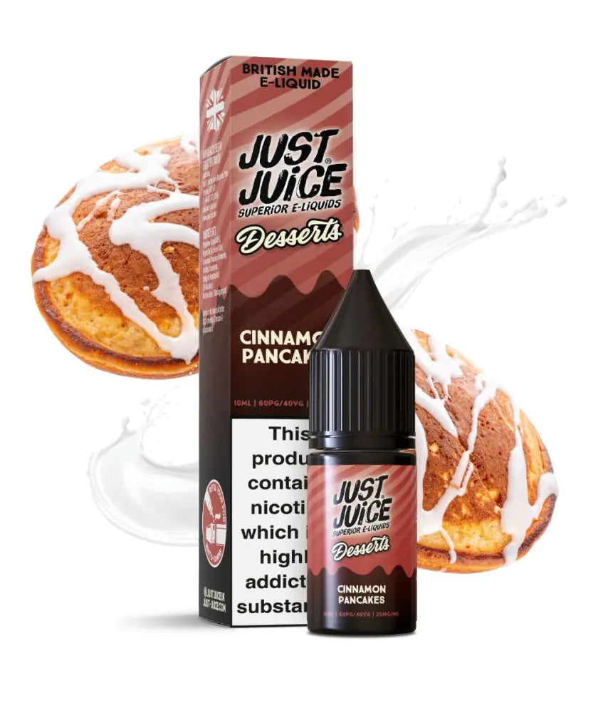 Just Juice Desserts Nic Salt Cinnamon Pancake e-liquid packaging with a cinnamon roll in the background