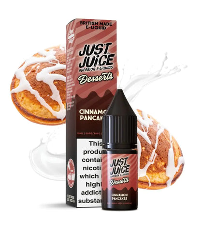 Just Juice Desserts Nic Salt Cinnamon Pancake e-liquid packaging with a cinnamon roll in the background