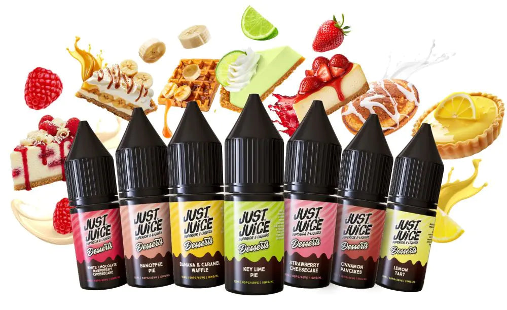 Six bottles of Just Juice e-liquid with colorful labels against a background of desserts and food.