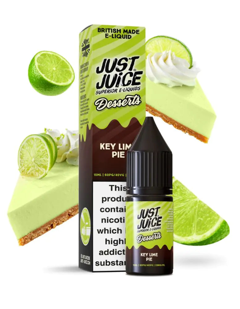 Just Juice Desserts Nic Salt Key Lime Pie e-liquid packaging with lime slices and cheesecake on a white background
