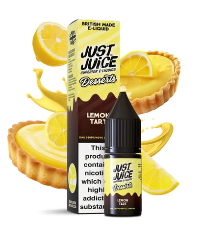Just Juice Lemon Tart e-liquid packaging with a bottle and lemon tart illustration on a white background