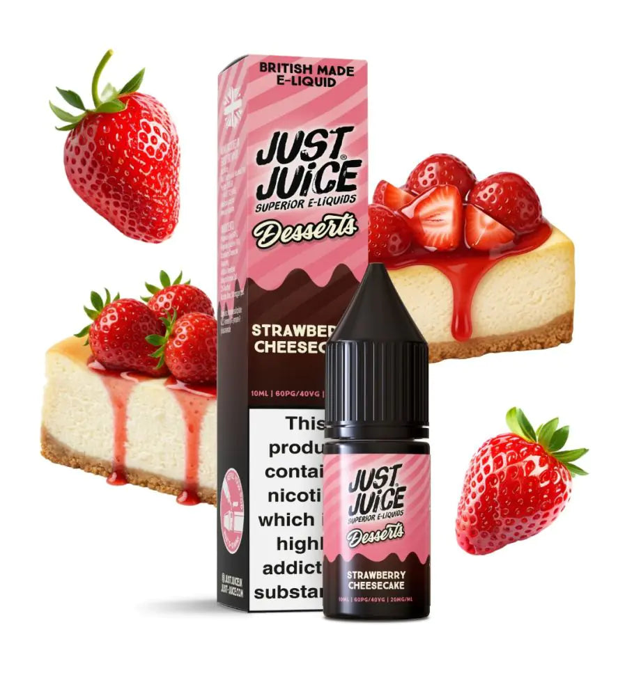 Just Juice Strawberry Cheesecake e-liquid packaging with strawberries and cheesecake on a white background
